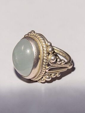Milky Green Chalcedony And Sterling Silver Ring With Ornate Silver Beading